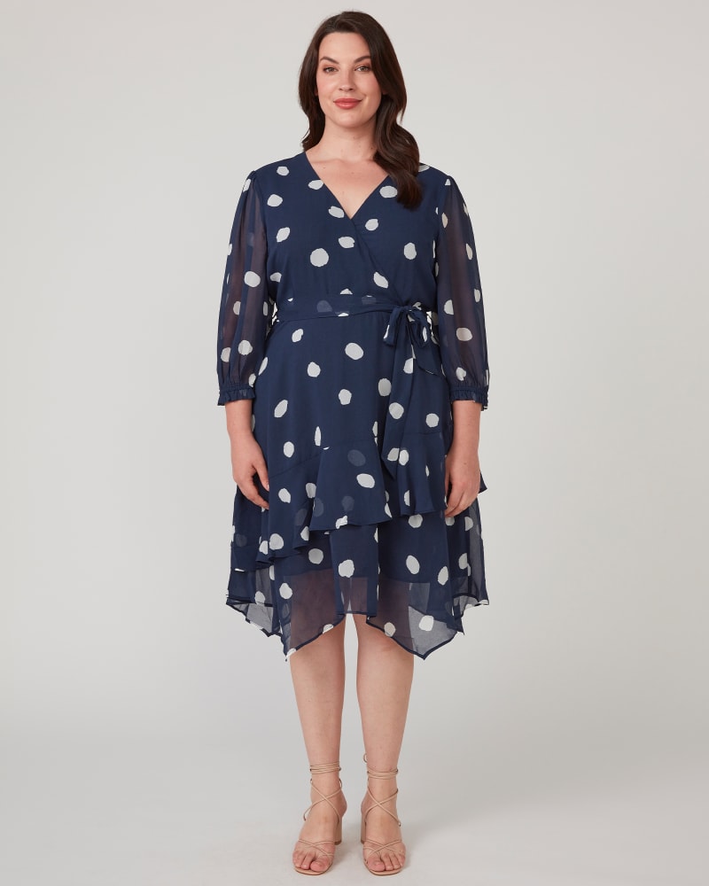 Front of a model wearing a size 18W Begin Again Asymm 3/4 Dress in Navy/Milk by Estelle. | dia_product_style_image_id:344458
